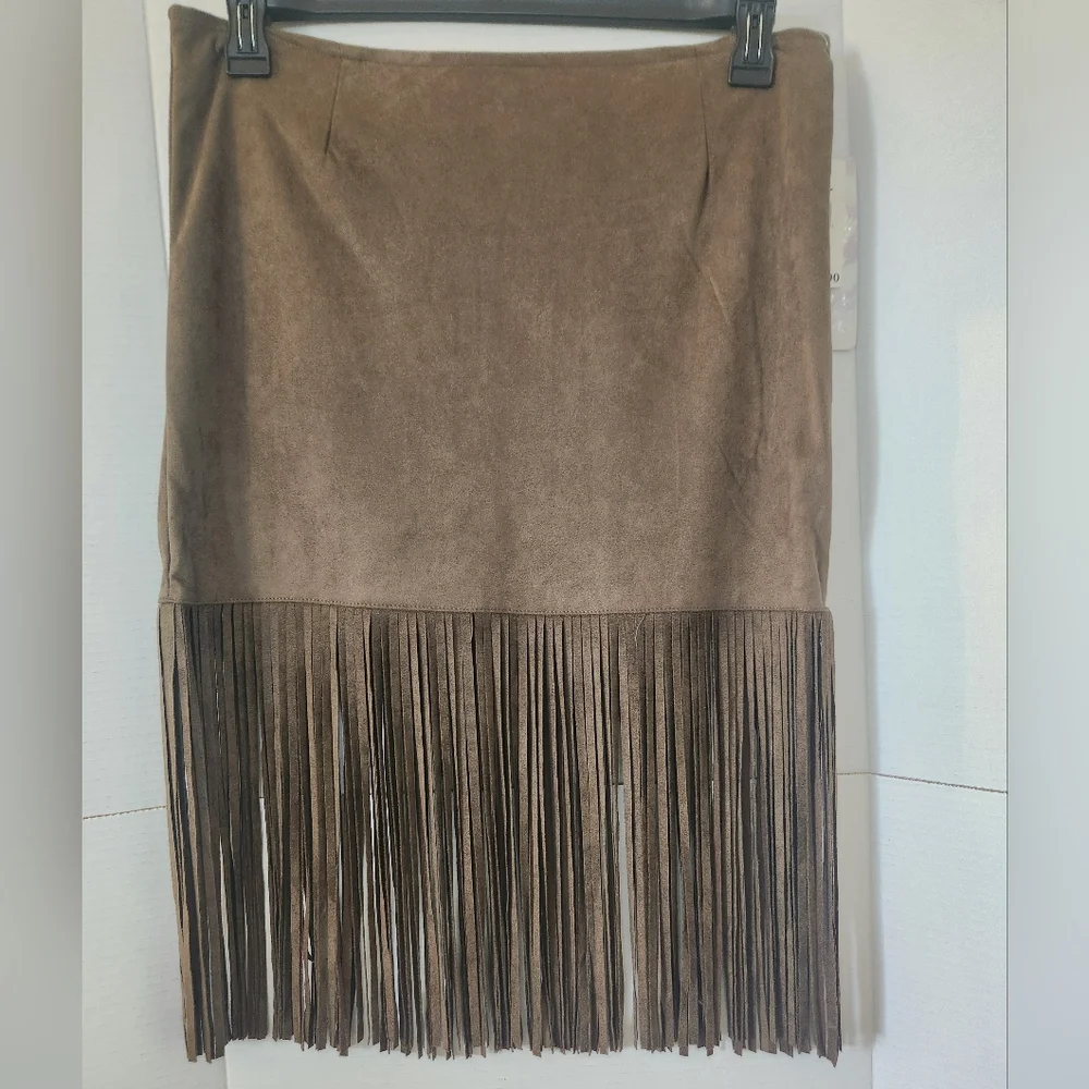 HARMONY & HAVOC Fringe Skirt Size Large Army Green Faux Suede NWT